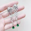 Stud Earrings Europe America Designer Luxury Women Lady Setting Full Czech Zircon Green Eyes Leopard Head Tassels