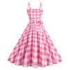 Casual Dresses Women Vintage Pink Plaid 1950s Rockabilly Dress Retro Spaghetti Strap Gingham Audrey Cocktail Swing