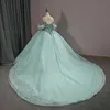 Aqua Blauw Glanzend Prinses Quinceanera Jurk Baljurk Kralen Applicaties Kant Tull Sweet 16 Vestidos 15 De XV Anos