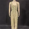 Bühne tragen Sexy Gold Pailletten Strass Mesh Strampler Frauen Ärmellose Overall Geburtstag Outfit Sänger Tänzer Leistung Kostüm