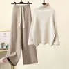 Herfst Winter Warm Gebreid Pak Vrouwen Lange Mouw Halve Coltrui Breien Trui En Wijde Pijpen Broek Sets Bovenkleding Losse Set