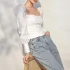 Damesblouses Dames Witte knoppen aan de voorkant Vierkante kraag Crop Tops Sexy korset Slanke taille Pullover met volledige pofmouwen