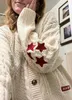 Vintage estrela bordado malha cardigan para mulher 2023 outono moda v pescoço manga longa casaco senhoras y2k retro solto camisola 240127