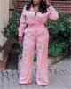 4xl 5xl plus storlek jumpsuits och rompers för kvinnor stora rosa tryckta enstaka bröst full ärm hög midja elegant jumpsuit