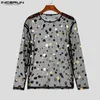 Männer T-shirts Männer Hemd Mesh Transparent Pailletten Funkelnden Oansatz Langarm Camisetas Streetwear Sexy 2024 Party T Tops S-5XL INCERUN