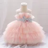 Toddler Fluffy Pink Wedding Party Dresses for Baby 28 Yrs Sequin Bow Tulle Baptism Birthday Princess Clothe Lace Summer 240131