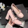 Dress Shoess Autumn New High Heels Pink Square Head Leather Shoes Thick Light Mouth Sweet Bow Single Women's