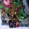 Pantaloni a due pezzi da donna Abito di jeans stile europeo Abito di moda Donna Giacca con paillettes a fiori Jeans corti Set a due pezzi DonnaDonna