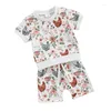 Kläduppsättningar Honganda Toddler Baby Girl Summer Two Piece Outfit Set Floral Chicken Print T-shirt Top Drawstring Jogger Shorts Farm Clothes