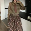 Women's T Shirts 2024 Spring Korean Distressed Wash Casual Denim Long-sleeved Shirt Women Contrast Color Plaid Loose Skirt Two-piece Suit