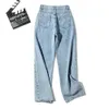 Femme ceinture Oblique jean taille haute vêtements jambe large Denim vêtements bleu gris Streetwear Vintage mode Harajuku pantalon droit 240129