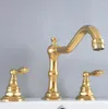 Zlew łazienki krany luksusowe złote mosiężny pokład mosiądzu podwójne uchwyty szeroko rozpowszechnione 3 otwory do basenu Mikser Wodne kranu tnf984