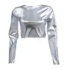 Damesblouses Kunstleer Dames Top Glanzend Halfhoge kraag Crop voor nachtclub Show Party T-shirt met lang