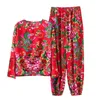 Zweiteilige Damen-Hosen-T-Shirt-Set mit chinesischem Ethno-Blumendruck und Rundhalsausschnitt mit langen Ärmeln für den Nordost-Stil