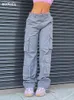 Femmes taille haute jambe large Baggy jean poche latérale Vintage Y2K Cargo pantalon petit ami pantalon ample Streetwear mode salopette 240119