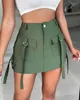 Jupes Sexy Spicy Girl Style Street Jupe Poche Design Casual Cargo Strap Été Taille Haute A-ligne Armée Vert Court