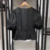 Damenblusen, Boho-inspirierte schwarze geraffte Bluse, selbstbindende Puffärmel vorne, Sommer-Baumwollpopeline, süße Damen-Luxus-Tops