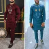 Kaftan Luxury Men Passar Embroied Top Trousers 2 Piece Set Dashiki African Traditionella etniska stilkläder för man Bröllopsklänning 240131