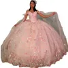 QUINCEANERERA Abiti rosa sexy abito da ballo fuori spalla Appliques in pizzo in pizzo per perle di cristallo fiore di tulle gonfio. Abito da ballo posteriore del corsetto da ballo.