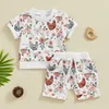 Kläduppsättningar Honganda Toddler Baby Girl Summer Two Piece Outfit Set Floral Chicken Print T-shirt Top Drawstring Jogger Shorts Farm Clothes