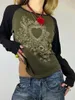 Mode Dames T-shirt Vintage lange mouw ronde hals hartprint dames herfst tops streetwear huidvriendelijk Sml 240129