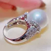 Cluster Rings Trendy White Big Pearl Cubic Zirconia For Women Gorgeous Engagement Wedding Bands Sterling Silver Accessories Jewelry