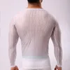 Herren-Unterhemd mit Streifen, atmungsaktiv, schlankes Netz-T-Shirt, durchsichtig, durchsichtig, mit langen Ärmeln, sexy transparentes Hemd, Unterwäsche 240119