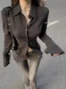 Camicia da donna in chiffon sottile tinta unita sexy colletto rovesciato manica svasata tunica fasciatura design camicette da donna vintage top da ufficio 240129