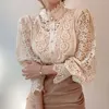 Женские блузки, женские кружевные вязанные крючком рубашки, блузки, элегантные открытые топы и весенне-осенние блузы с воротником-фонариком и длинными рукавами