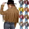 Damesmode Effen Kleur Fringe Faux Suède Leren Jas Mode Fringe Motorcycle Cropped Jas 240125