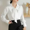 Women's Blouses Temperament Office Lady Clothing Elegant Tops Fashion Bow Tie V-neck White Shirt Autumn Simple Long Sleeve Blouse Blusas