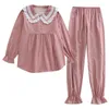 Kvinnors sömnkläder bomullspyjama Set långärmad lös byxor Pullover Loungewear Thin Plaid Bekväm stil hemkläder
