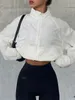 女性Sスプリングカジュアルショートコートホワイト長袖ハイネックジッパー閉鎖ポケット付きのクロップドジャケット240202