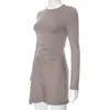 Casual Dresses Sexy Women's Spring -selling Long-sleeved Round Neck Fashion Temperament Tight Fold Solid Color 2024 Dress