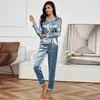 Printemps automne pyjama femmes soie Satin pyjamas ensemble chemise à manches longues avec pantalon vêtements de nuit vêtements de détente femme pyjamas costumes Mujer 240201