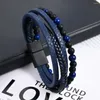 Charme pulseiras masculino multi-camada de couro obsidian tecido pulseira fivela presentes jóias únicas moda magnética o3z8