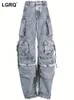 Damesjeans LGRQ Mode Effen Kleur Slanke Hoge Taille Rechte Grote Zakken Denim Cargo Broek Vrouwelijke Zomer 2024 19J1999