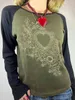 Mode Dames T-shirt Vintage lange mouw ronde hals hartprint dames herfst tops streetwear huidvriendelijk Sml 240129