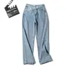 Femme ceinture Oblique jean taille haute vêtements jambe large Denim vêtements bleu gris Streetwear Vintage mode Harajuku pantalon droit 240129