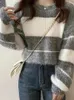 Suéteres femininos Zoki Harajuku cinza listrado suéter mulheres preguiçoso vento de alta qualidade de malha jumpers coreano vintage o pescoço manga longa y2k