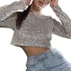 Women's Blouses Women Top Sequin Long Sleeve Crop For Shiny O Neck Waist-exposed Pullover Stage Show Club Party Performance Soft