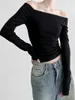 여자 T 셔츠 여성의 캐주얼 긴 슬리브 보트 넥 오프 어깨 슬림 한 작물 탑 탑 기본 블라우스 y2k 꽉