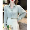 Blouses Femmes 2024 Printemps Eté Chemises En Mousseline De Soie Pour Femmes Bureau Coréen Dame Gracieuse Blanc Menton À Manches Longues Blouse Solide Polo Col Hauts