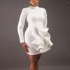Robes décontractées Sexy Bodycon Blanc Pour Femmes Col Rond Manches Longues Volants Genou Longueur Élégante Soirée Night Club Robes Mujer Robe
