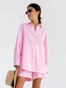 Dames nachtkleding Hiloc Roze Lange mouw Katoen Single-Breasted Korte sets Revers Informeel Pyjamaset Dames 2-delig Loungewear 2024 Lente