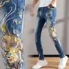 Jeans de luxe légers pour hommes, Version coréenne, rayures, Slim, extensibles, de haute qualité, broderie de Dragon, Jeans élégants et Sexy 240131