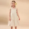 Vestido de alças sem mangas de algodão e linho para meninas verão babados bainha casual férias vestidos sem costas 240126