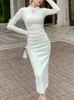 Casual Kleider Sexy Frauen Bodycon Vintage Party Kleid Langarm Elegante Chic Solide Midi Weibliche Mode Streetwear Robe Kleidung