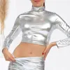 Women's Blouses Faux Leather Women Top Sexy Half-high Collar Crop For Nightclub Stage Show Party T-shirt With Long Sleeve