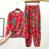 Zweiteilige Damen-Hosen-T-Shirt-Set mit chinesischem Ethno-Blumendruck und Rundhalsausschnitt mit langen Ärmeln für den Nordost-Stil